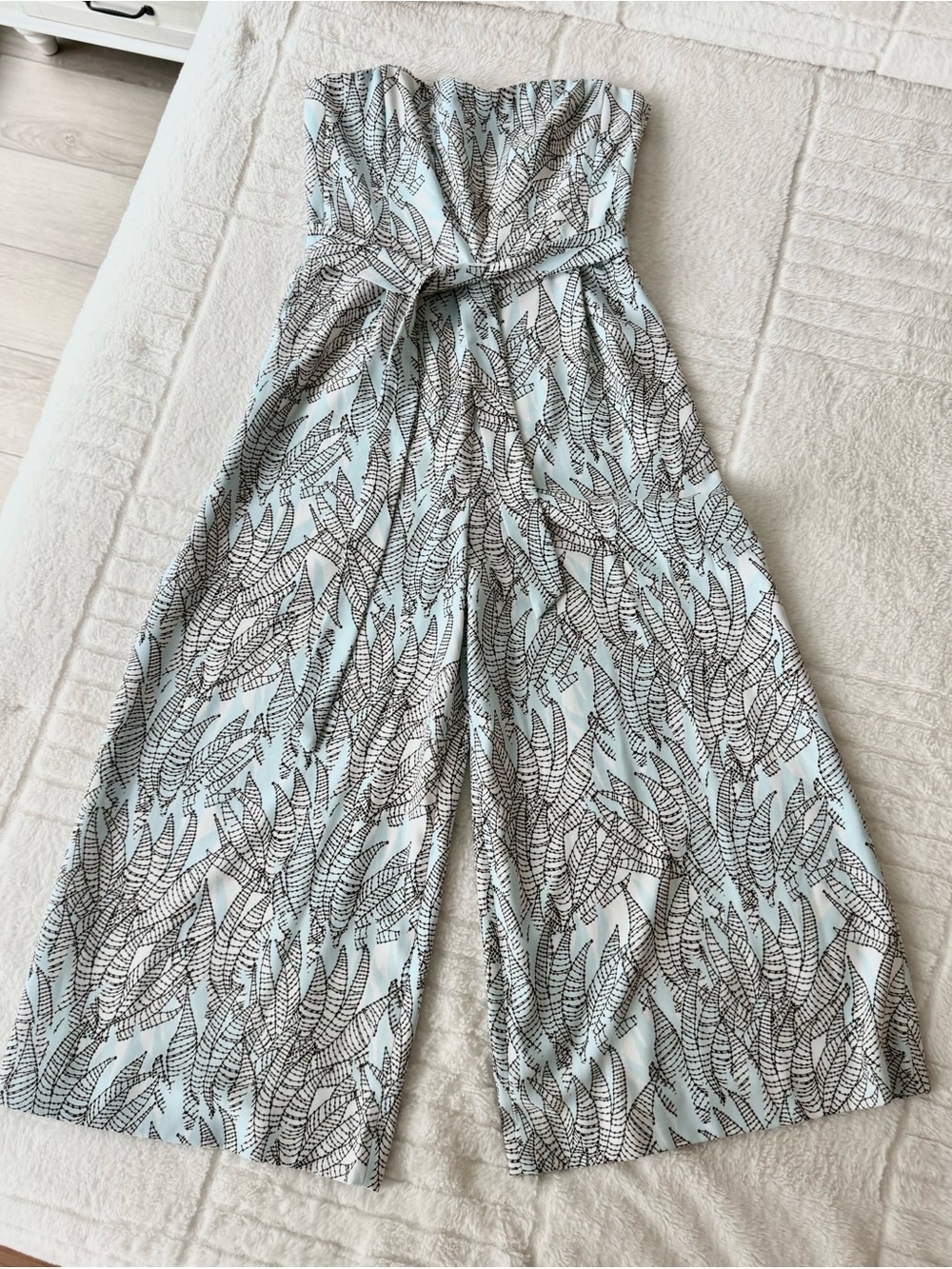 Strapless Wide-Leg Printed Jumpsuit in Light Blue and White